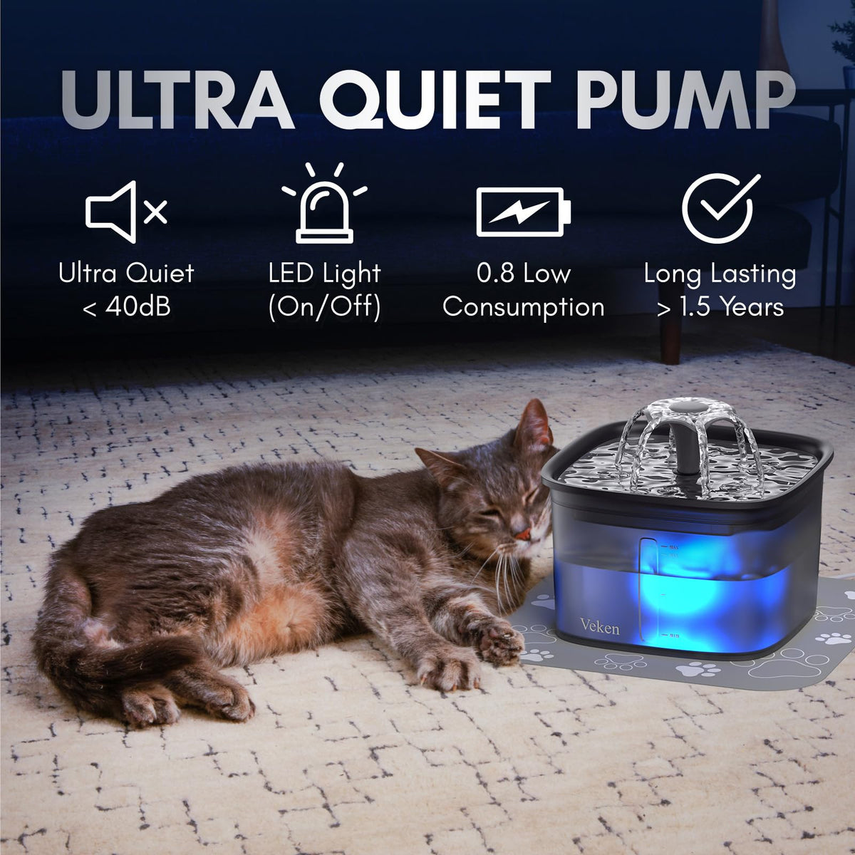 Veken Innovation Award Winner 95oz/2.8L Cat Water Fountain, C1 Classic