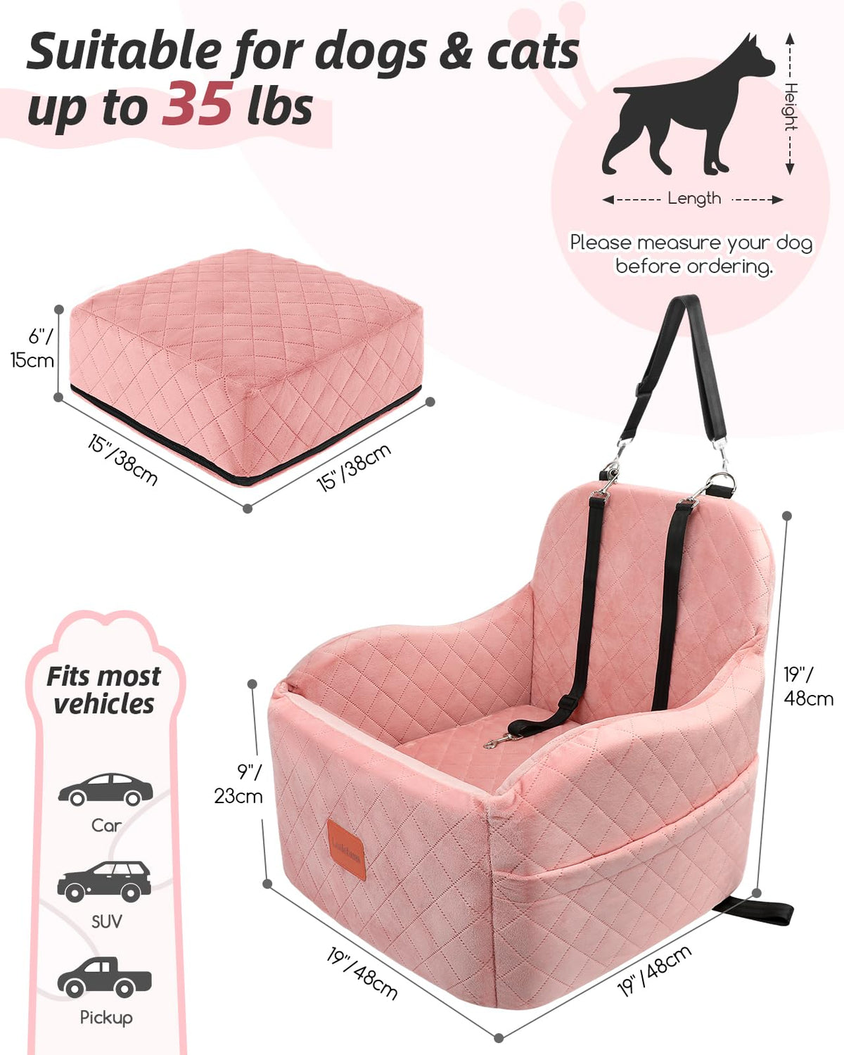 Lealchum Dog Booster Car Seat for S/M Dogs Up to 35lbs,Soft 6in Elevated Cushion,Fits in Front/Back Seat,Fully Detachable and Washable,2 Storage Pockets & 3 Straps,Easy to Install (Black/Brown,Medium)