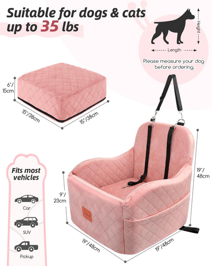 Lealchum Dog Booster Car Seat for S/M Dogs Up to 35lbs,Soft 6in Elevated Cushion,Fits in Front/Back Seat,Fully Detachable and Washable,2 Storage Pockets & 3 Straps,Easy to Install (Black/Brown,Medium)