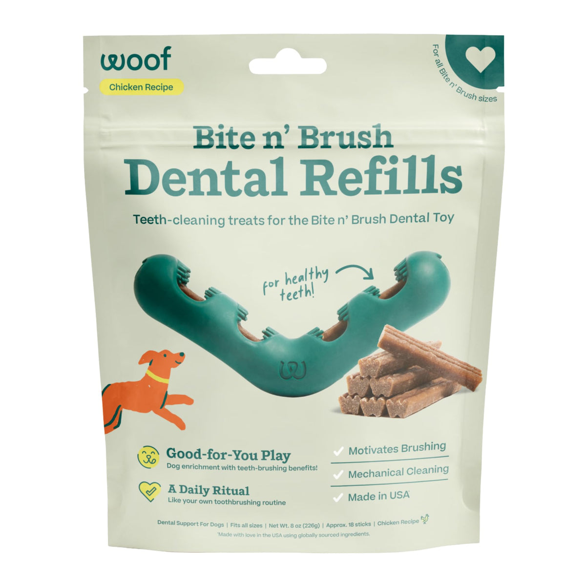 WOOF Bite n' Brush Dog Dental Sticks, Refills for Chew Toy, Chicken, 2 Pack