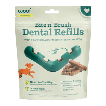 WOOF Bite n' Brush Dog Dental Sticks, Refills for Chew Toy, Chicken, 2 Pack