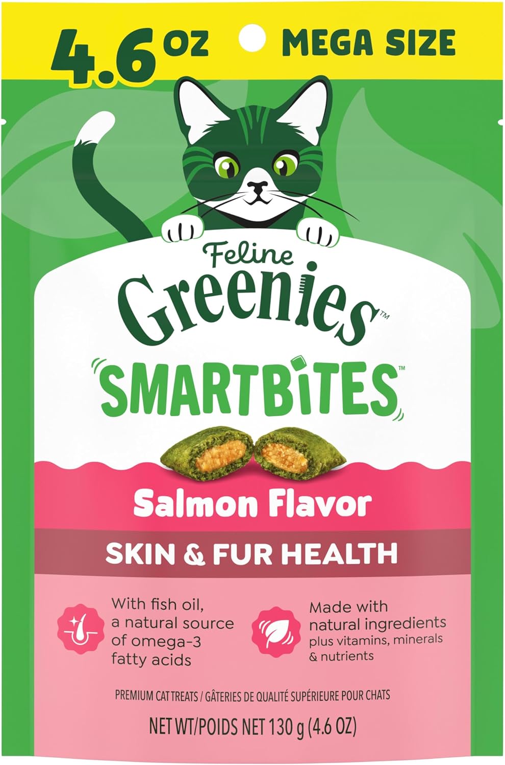 Greenies Feline Smartbites Skin & Fur Health Cat Treats, Salmon, 4.6 oz