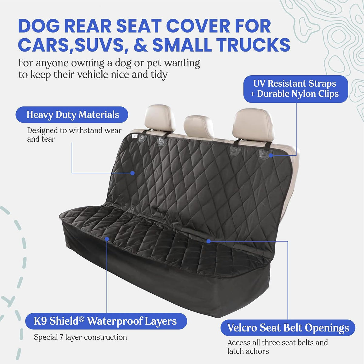 4Knines Heavy-Duty Rear Seat Cover for Dogs - Fitted, Black Reg