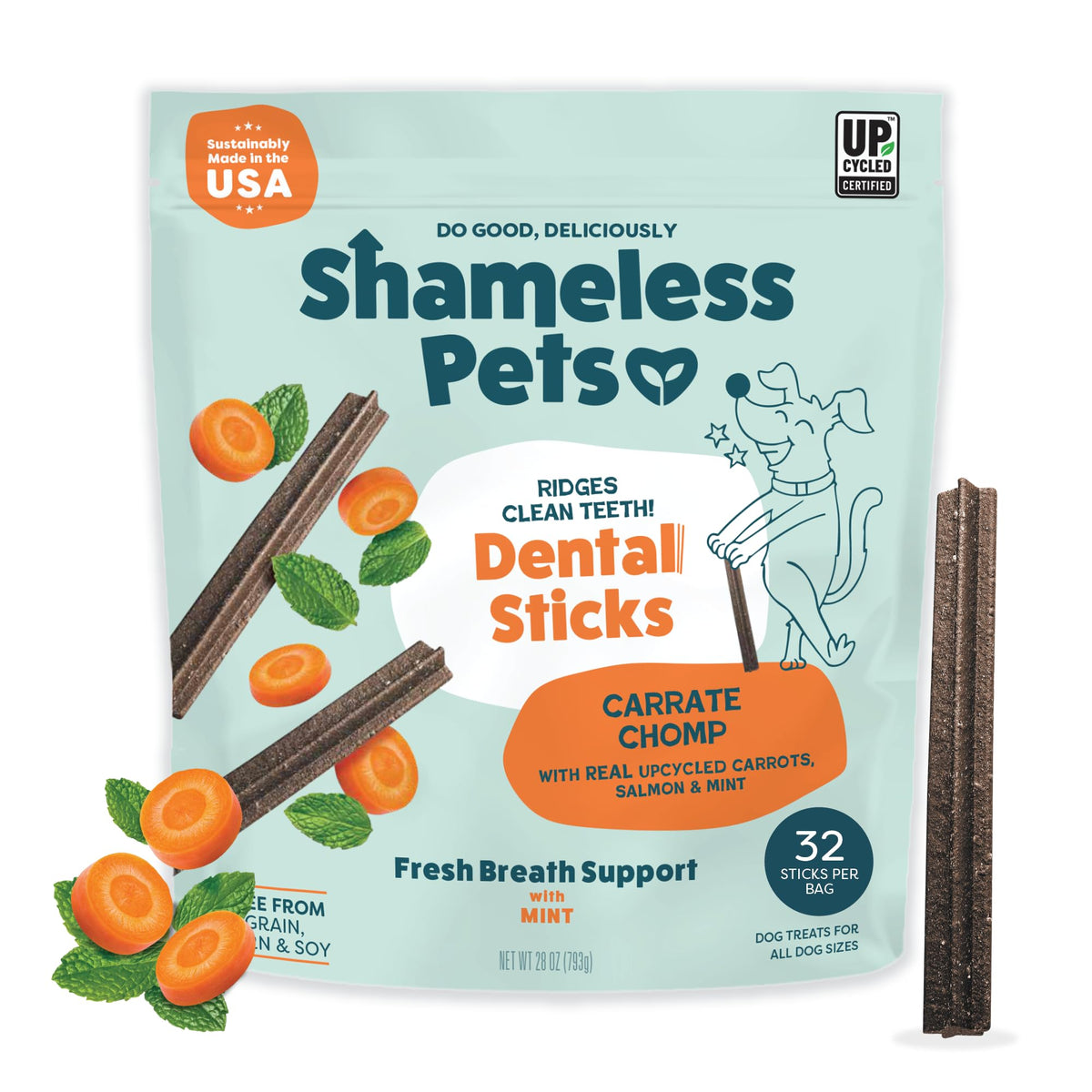 Shameless Pets Blueberry & Mint Dental Chews for Dogs, 8 Chews - Natural Dog Teeth Cleaning Treats with Fresh Breath Benefits | Grain-Free Dental Sticks for Small, Medium & Large Dogs (Pack of 6)