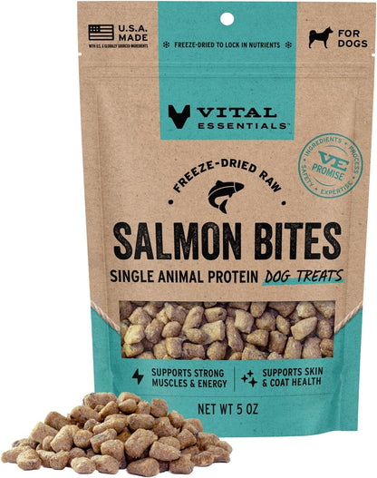 Vital Essentials Freeze Dried Dog Treats, Salmon Bites, 5 oz Bag