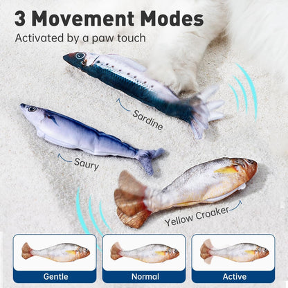 Petgravity Bite-Sized Realistic Flopping Fish Cat Toys, 3 Pack, Interactive Cat Toys for All Breeds, Tap-Activated 3 Flapping Mode, Sardine/Saury/Yellow Croaker, 7.1 Inches, with Catnip, Rechargeable