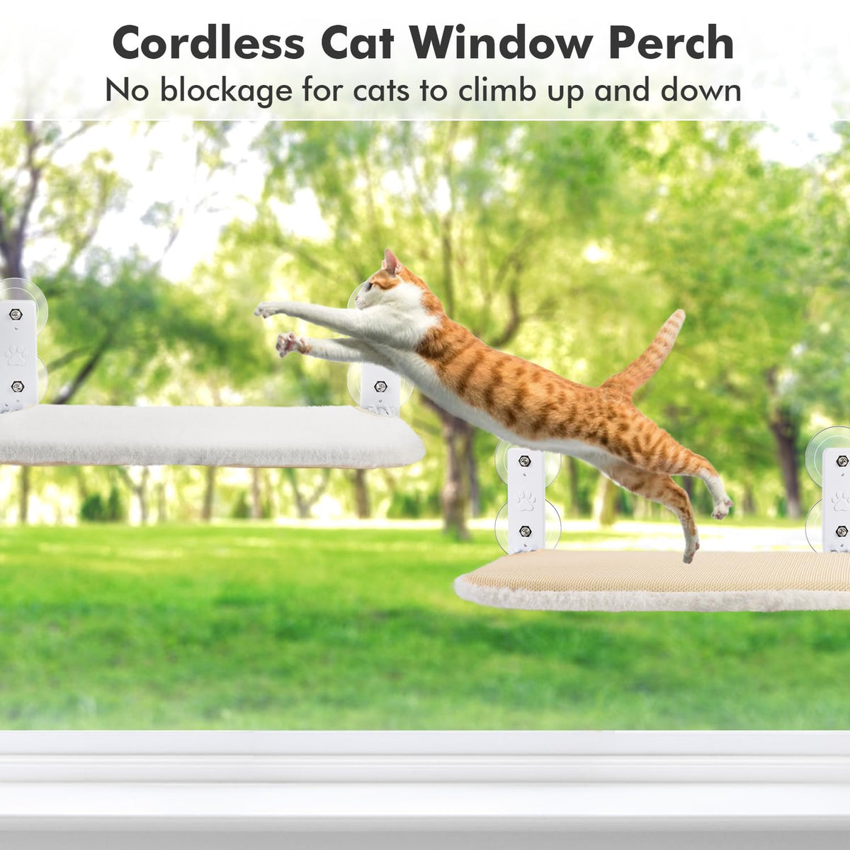 AMOSIJOY Cordless Cat Window Perch with Cushion Bed Metal Frame, L Gray