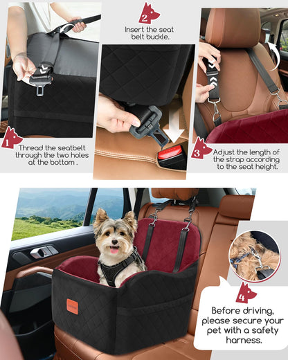 Lealchum Dog Booster Car Seat for S/M Dogs Up to 35lbs,Soft 6in Elevated Cushion,Fits in Front/Back Seat,Fully Detachable and Washable,2 Storage Pockets & 3 Straps,Easy to Install (Black/Brown,Medium)