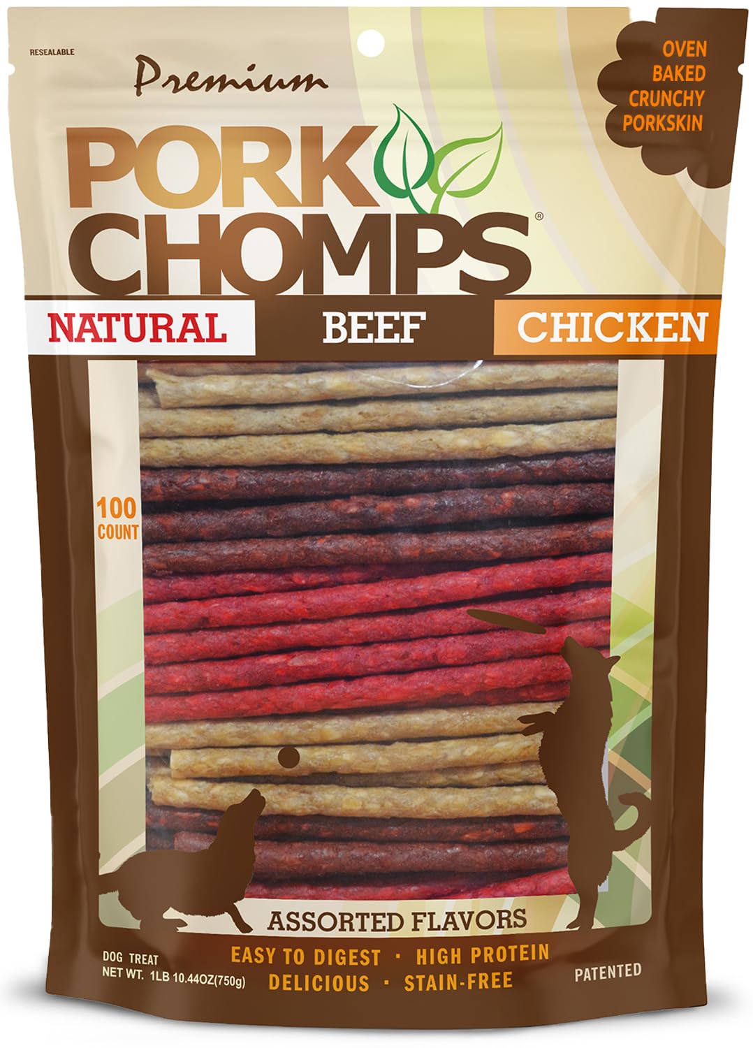 Pork Chomps Dog Chews, 5 in Munchy Sticks, Assorted Flavors, 50 Count