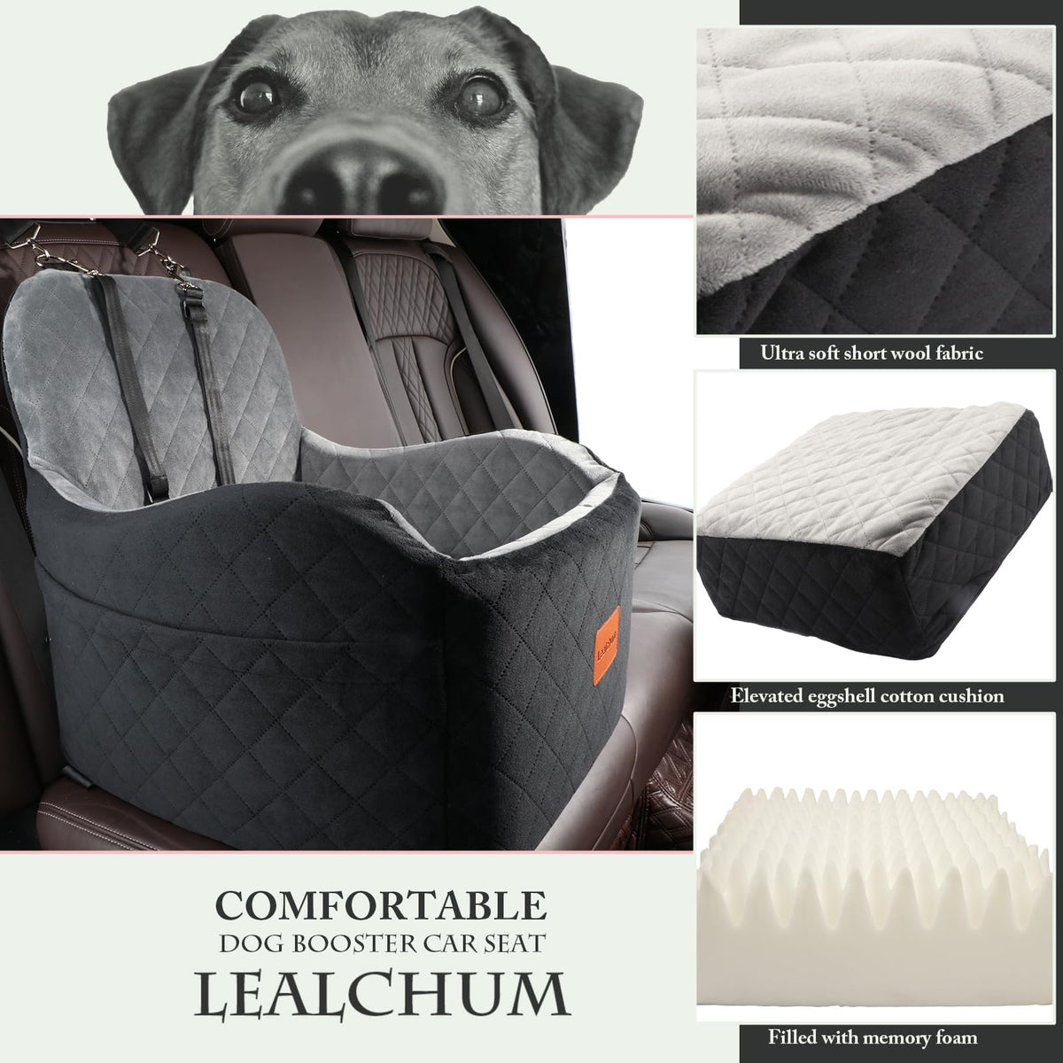 Lealchum Dog Booster Car Seat for S/M Dogs Up to 35lbs,Soft 6in Elevated Cushion,Fits in Front/Back Seat,Fully Detachable and Washable,2 Storage Pockets & 3 Straps,Easy to Install (Black/Brown,Medium)