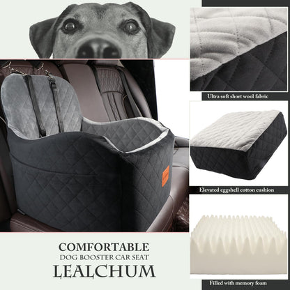 Lealchum Dog Booster Car Seat for S/M Dogs Up to 35lbs,Soft 6in Elevated Cushion,Fits in Front/Back Seat,Fully Detachable and Washable,2 Storage Pockets & 3 Straps,Easy to Install (Black/Brown,Medium)