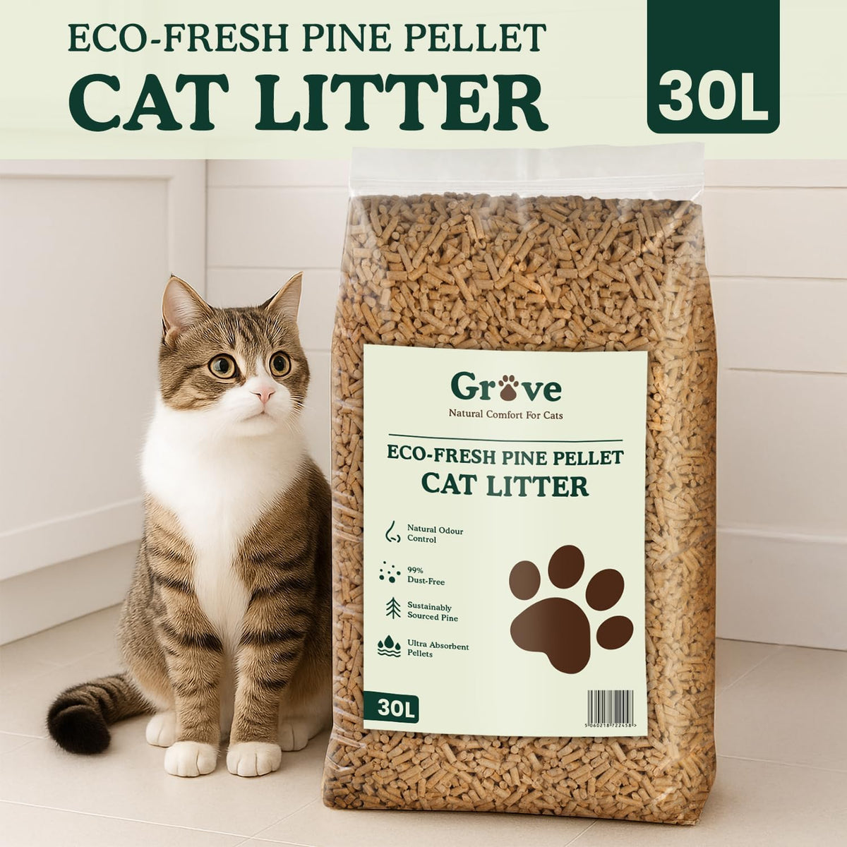 Grove by Ecoblaze 30L Pine Cat Litter Wood Pellets | Natural, Eco-Friendly & Biodegradable | Superior Odour Control | 99% Dust Free & Highly Absorbent