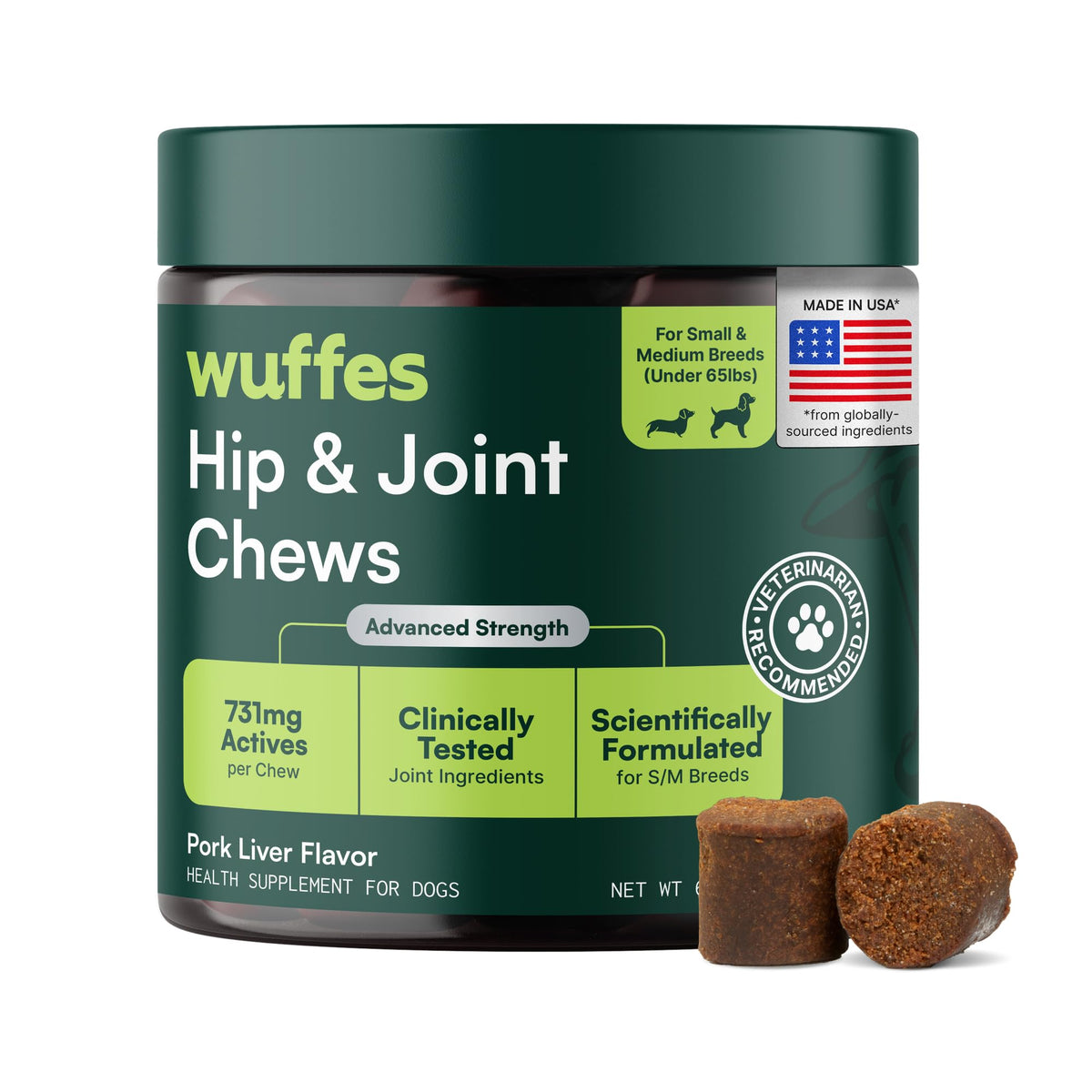 Wuffes Advanced Hip & Joint Supplement (2-Pack) - Soft Chews for Large Dogs with Glucosamine, Chondroitin, Omega 3, MSM & Green Lipped Mussel, Supports Mobility & Flexibility, 60 Pork Flavored Chews