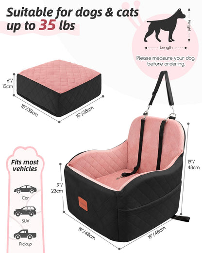 Lealchum Dog Booster Car Seat for S/M Dogs Up to 35lbs,Soft 6in Elevated Cushion,Fits in Front/Back Seat,Fully Detachable and Washable,2 Storage Pockets & 3 Straps,Easy to Install (Black/Brown,Medium)