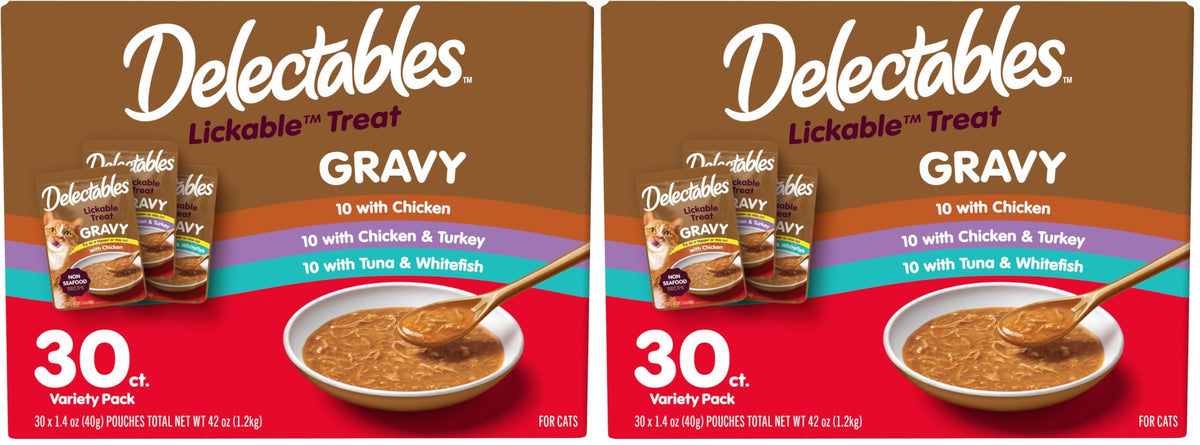 Delectables Lickable Treat Gravy Wet Cat Treat Variety Pack, Food Topper, Hydrating, Grain-Free, No Fillers, By-Products, Added Preservatives, 1.4oz Pouch, 12ct
