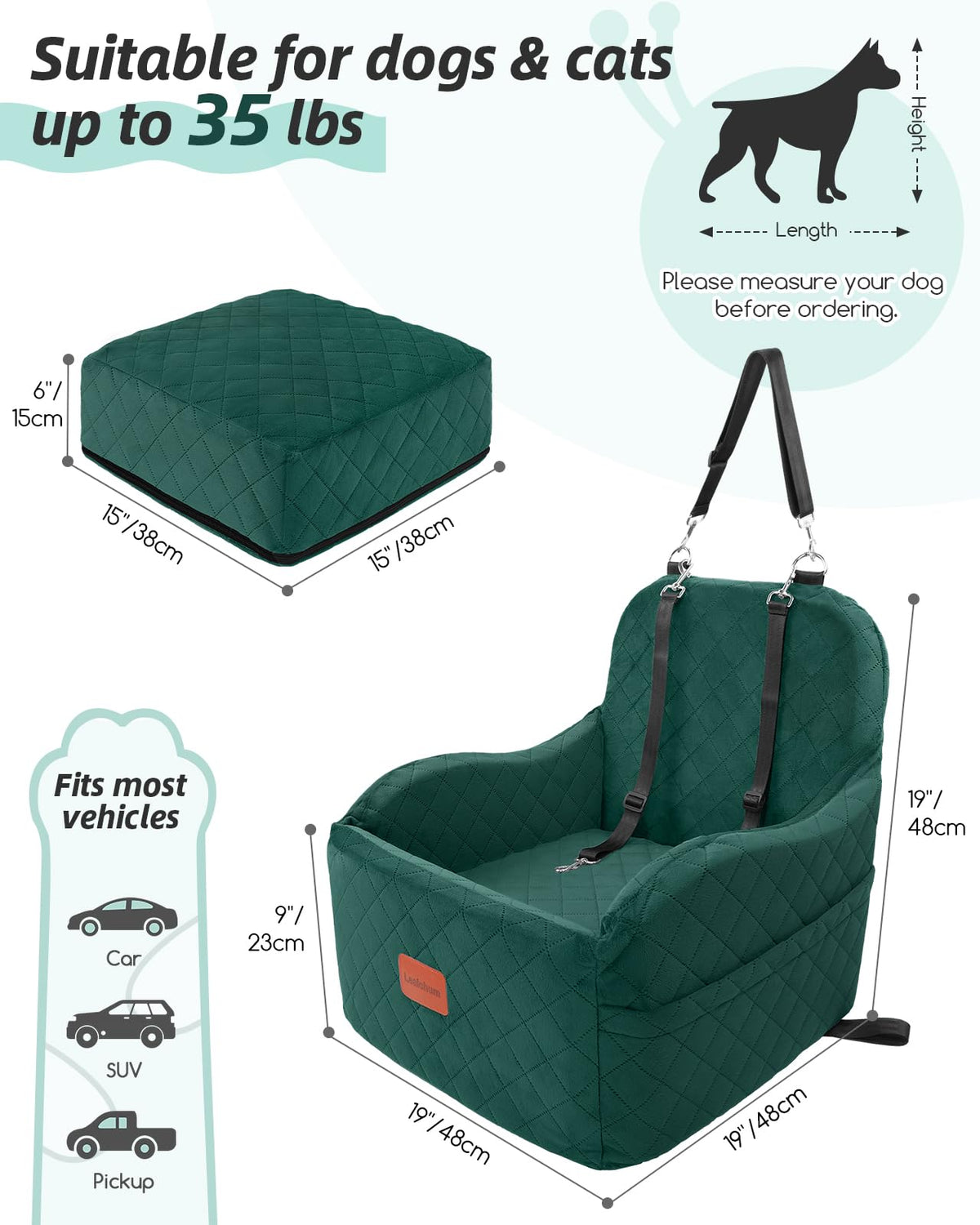 Lealchum Dog Booster Car Seat for S/M Dogs Up to 35lbs,Soft 6in Elevated Cushion,Fits in Front/Back Seat,Fully Detachable and Washable,2 Storage Pockets & 3 Straps,Easy to Install (Black/Brown,Medium)