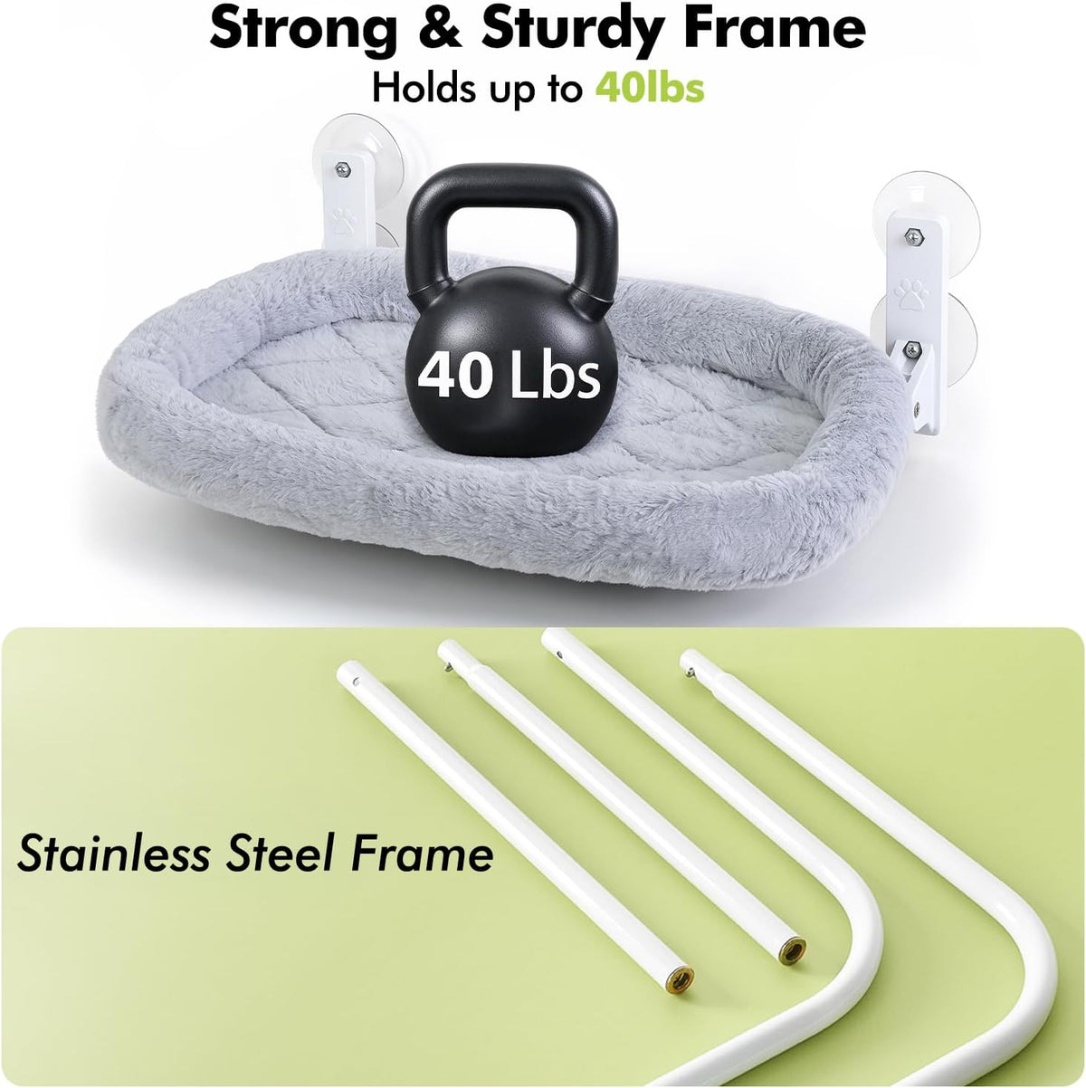 AMOSIJOY Cordless Cat Window Perch with Cushion Bed Metal Frame, L Gray