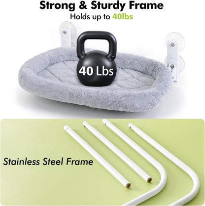 AMOSIJOY Cordless Cat Window Perch with Cushion Bed Metal Frame, L Gray