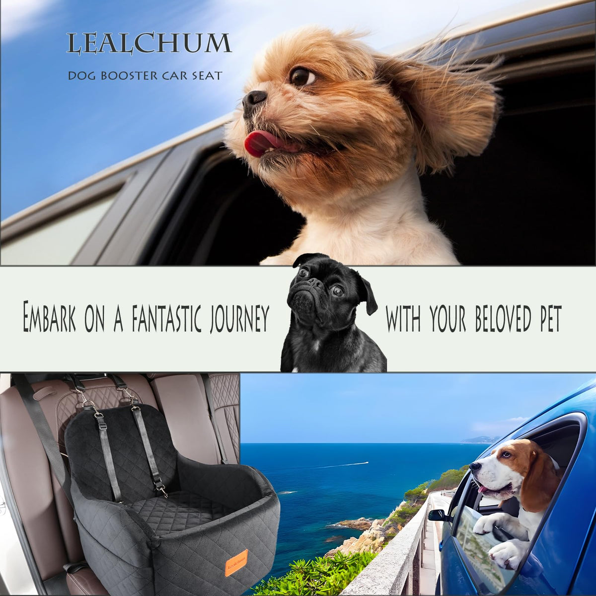Lealchum Dog Booster Car Seat for S/M Dogs Up to 35lbs,Soft 6in Elevated Cushion,Fits in Front/Back Seat,Fully Detachable and Washable,2 Storage Pockets & 3 Straps,Easy to Install (Black/Brown,Medium)