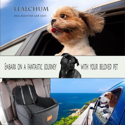 Lealchum Dog Booster Car Seat for S/M Dogs Up to 35lbs,Soft 6in Elevated Cushion,Fits in Front/Back Seat,Fully Detachable and Washable,2 Storage Pockets & 3 Straps,Easy to Install (Black/Brown,Medium)