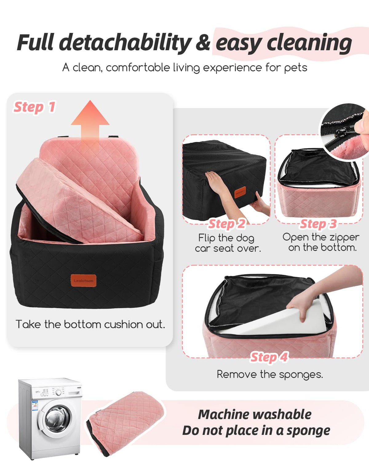 Lealchum Dog Booster Car Seat for S/M Dogs Up to 35lbs,Soft 6in Elevated Cushion,Fits in Front/Back Seat,Fully Detachable and Washable,2 Storage Pockets & 3 Straps,Easy to Install (Black/Brown,Medium)