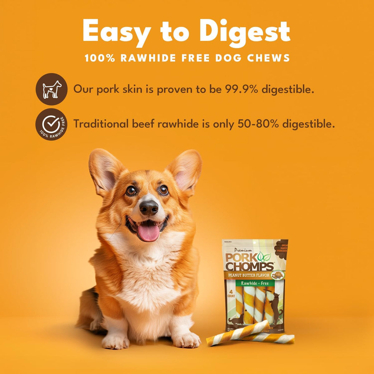 Pork Chomps Baked Pork Skin Dog Chews, 6 in Twists, Peanut Butter, 4 Count