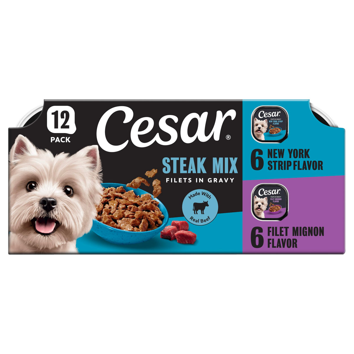 Cesar Filets in Gravy Wet Dog Food, Steak Mix Variety, 3.5 oz, 24 Count