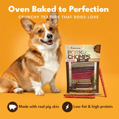 Pork Chomps Dog Chews, 5 in Munchy Sticks, Assorted Flavors, 50 Count