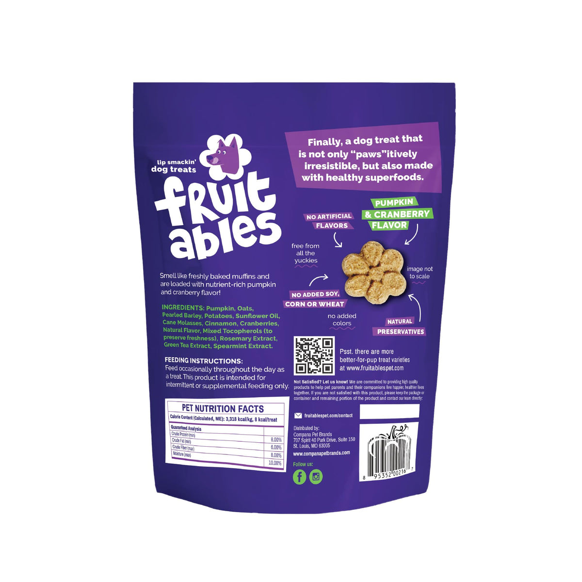 Fruitables Baked Dog Treats, Low Calorie Treats, Pumpkin & Blueberry, 12oz