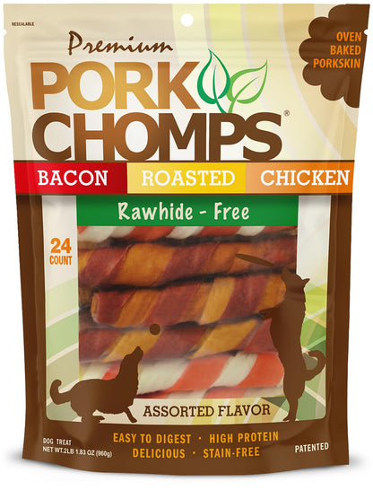 Pork Chomps Baked Pork Skin Dog Chews, 6 in Twists, Assorted Flavors, 12 Ct