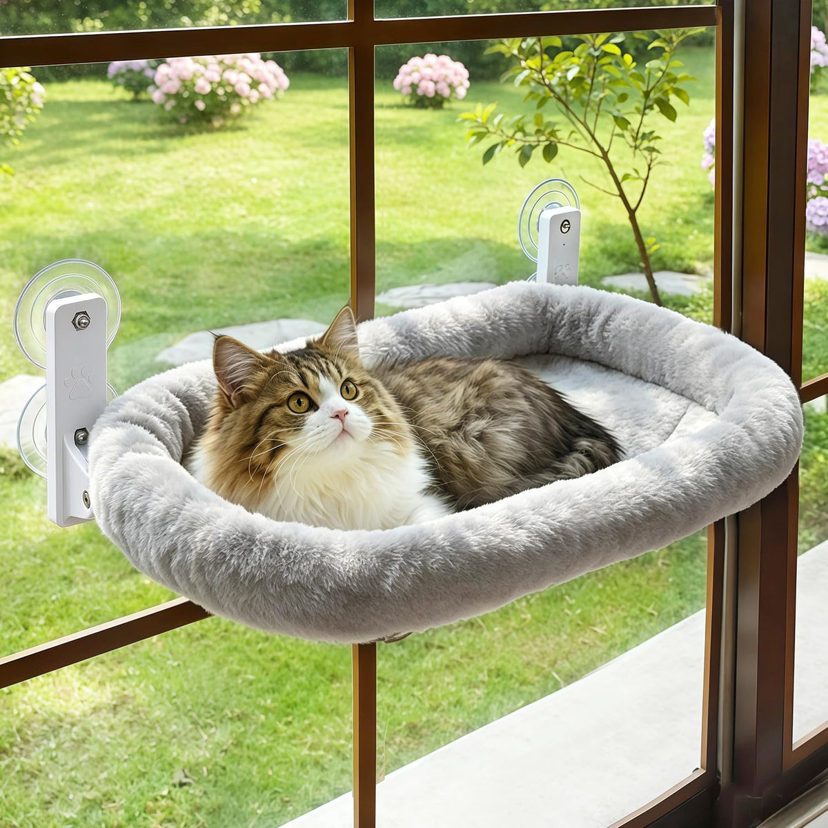 AMOSIJOY Cordless Cat Window Perch with Cushion Bed Metal Frame, L Gray