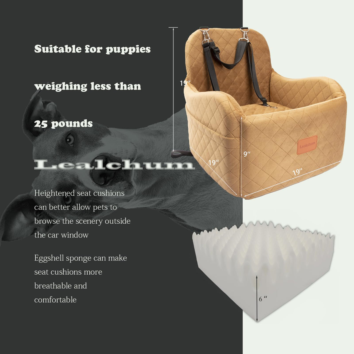 Lealchum Dog Booster Car Seat for S/M Dogs Up to 35lbs,Soft 6in Elevated Cushion,Fits in Front/Back Seat,Fully Detachable and Washable,2 Storage Pockets & 3 Straps,Easy to Install (Black/Brown,Medium)