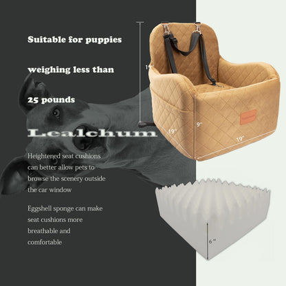 Lealchum Dog Booster Car Seat for S/M Dogs Up to 35lbs,Soft 6in Elevated Cushion,Fits in Front/Back Seat,Fully Detachable and Washable,2 Storage Pockets & 3 Straps,Easy to Install (Black/Brown,Medium)