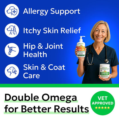 Omega 3 + Fish Oil for Dogs - Skin & Coat Support, Itch & Allergy Relief