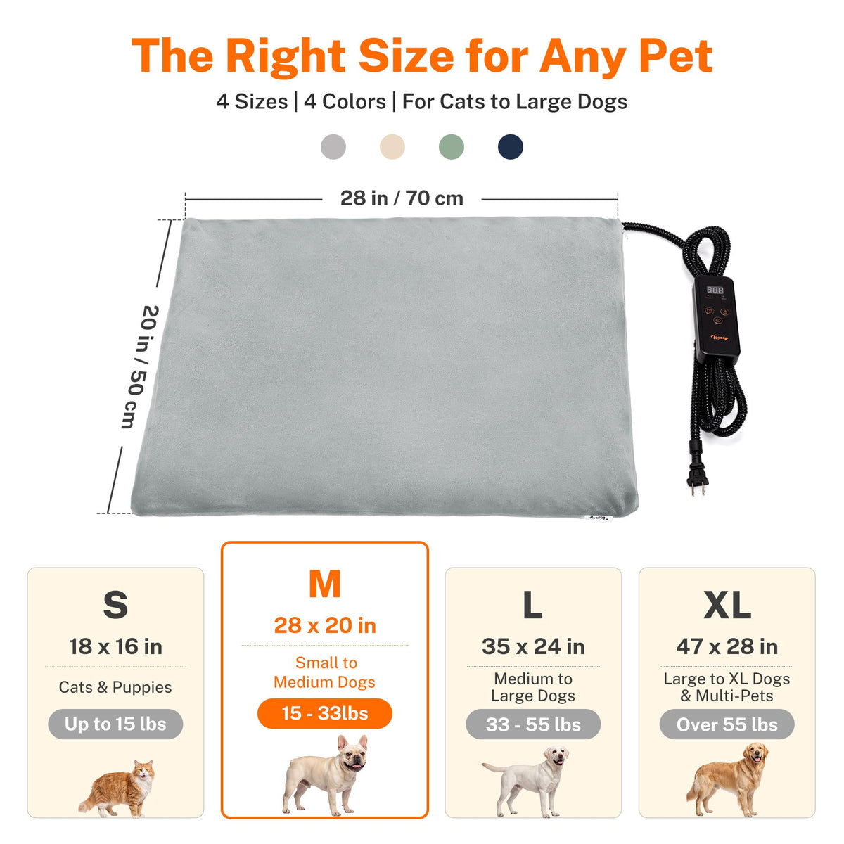 Toozey Cat Heating Pad for Cats & Dogs, Heated Bed Mat, 18 x 16 in, Grey
