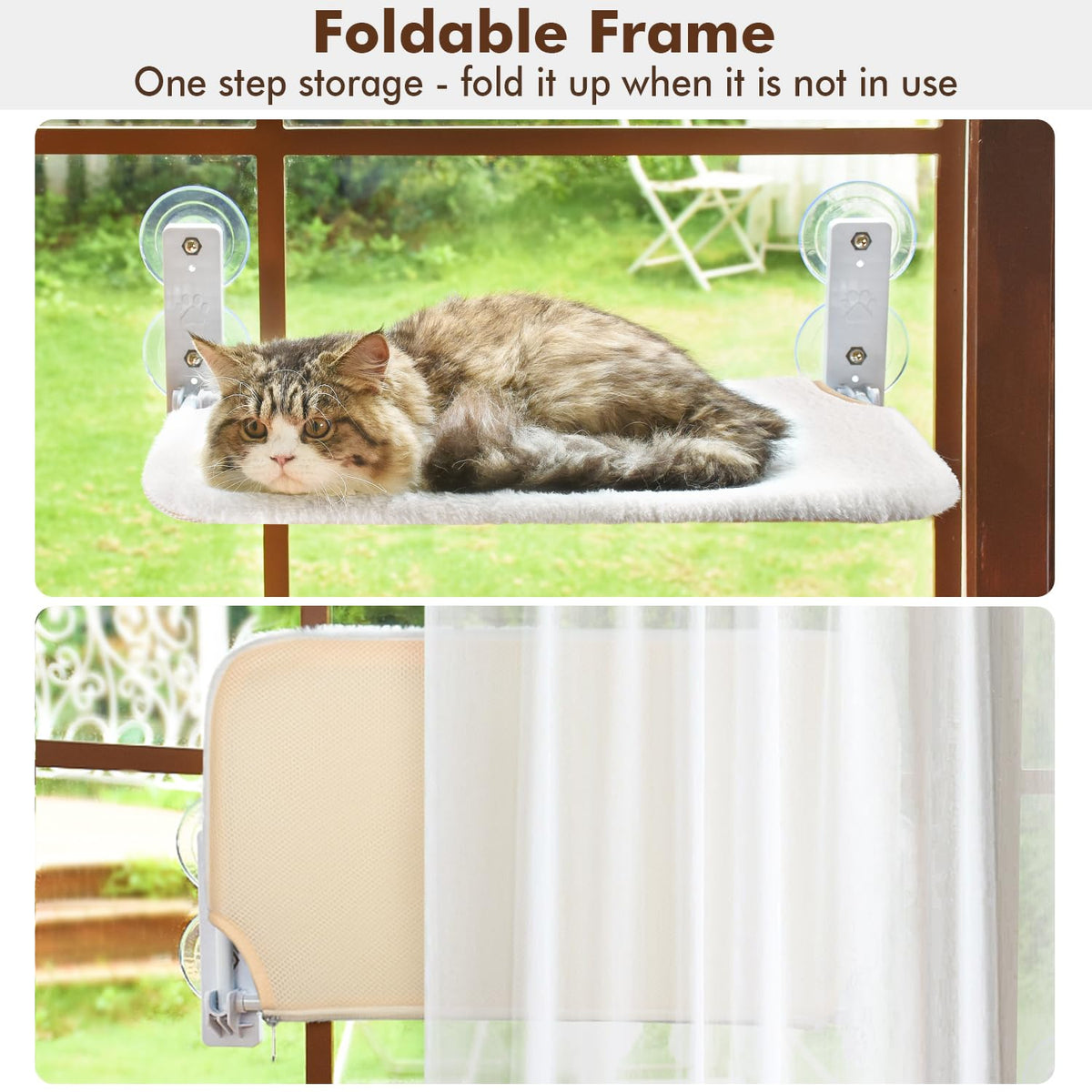 AMOSIJOY Cordless Cat Window Perch with Cushion Bed Metal Frame, L Gray