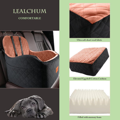 Lealchum Dog Booster Car Seat for S/M Dogs Up to 35lbs,Soft 6in Elevated Cushion,Fits in Front/Back Seat,Fully Detachable and Washable,2 Storage Pockets & 3 Straps,Easy to Install (Black/Brown,Medium)