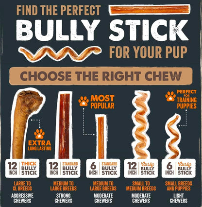 Mighty Paw 12" Bully Sticks for Dogs - Large, Medium and Small Breeds Chew