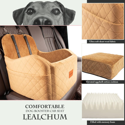 Lealchum Dog Booster Car Seat for S/M Dogs Up to 35lbs,Soft 6in Elevated Cushion,Fits in Front/Back Seat,Fully Detachable and Washable,2 Storage Pockets & 3 Straps,Easy to Install (Black/Brown,Medium)