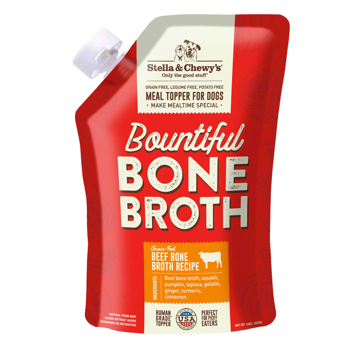 Stella & Chewy's Premium Cage-Free Chicken Bone Broth for Dogs - Joint & Gut Health Support Liquid Food Topper with Collagen & Turmeric, 16 Fl Oz Resealable Pouch