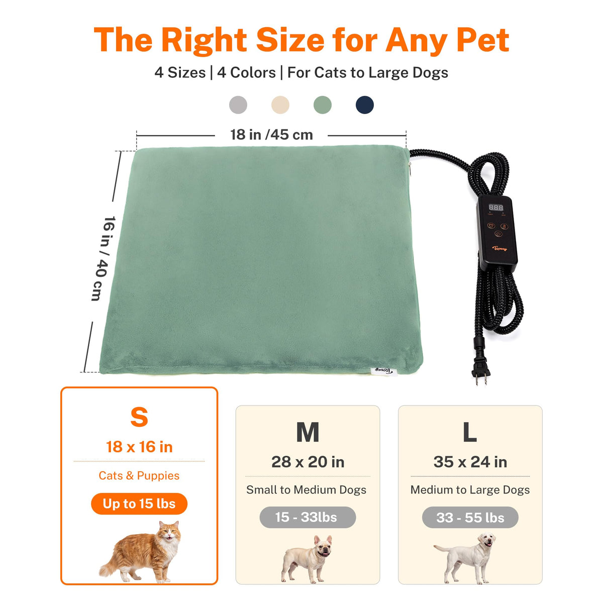 Toozey Cat Heating Pad for Cats & Dogs, Heated Bed Mat, 18 x 16 in, Grey
