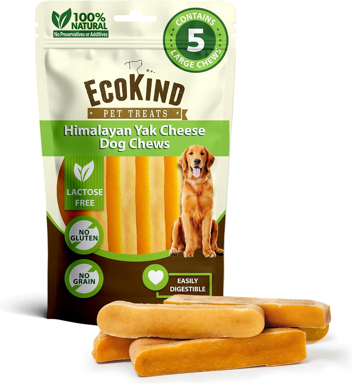 EcoKind Yak Cheese Himalayan Dog Chews, Yak Chews for Large Dogs, 5 Bones