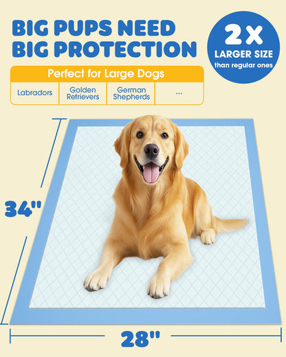 Powools Extra Large Pee Pads, 34 x 28 in, 6-Layer Leakproof, 100-Pack