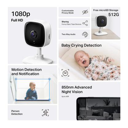 Tapo 1080P Indoor Security Camera, Baby Monitor, Dog Camera, Wired, C100