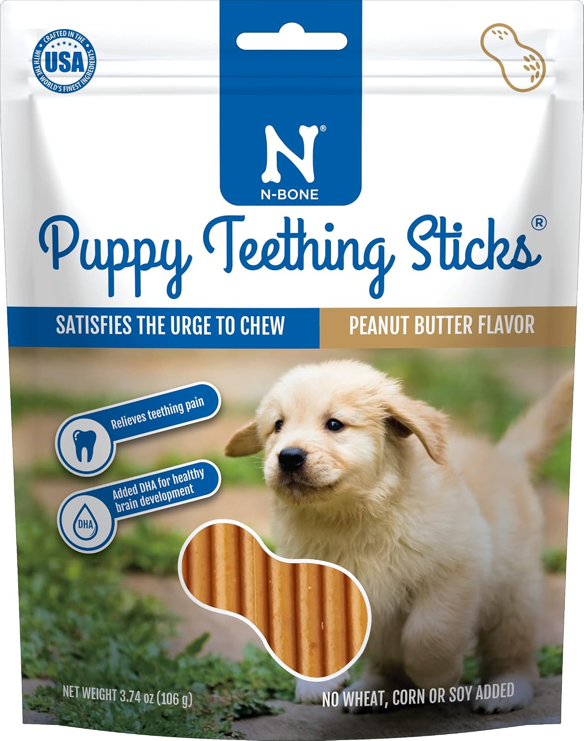 N-Bone Puppy Teething Sticks, Peanut Butter Flavor, Natural Puppy Chew Sticks & Teething Treats, SQF Certified, Made with Rice Flour for Easy Digestion, Calcium Enriched (3.7oz)