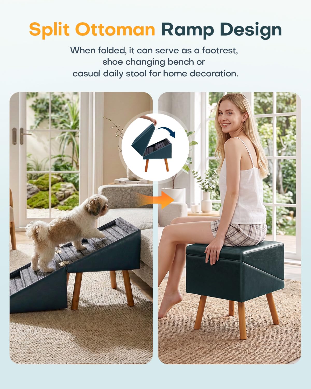 Dog Stairs for Small Dogs Faux Leather Foldable Pet Ramp and Ottoman