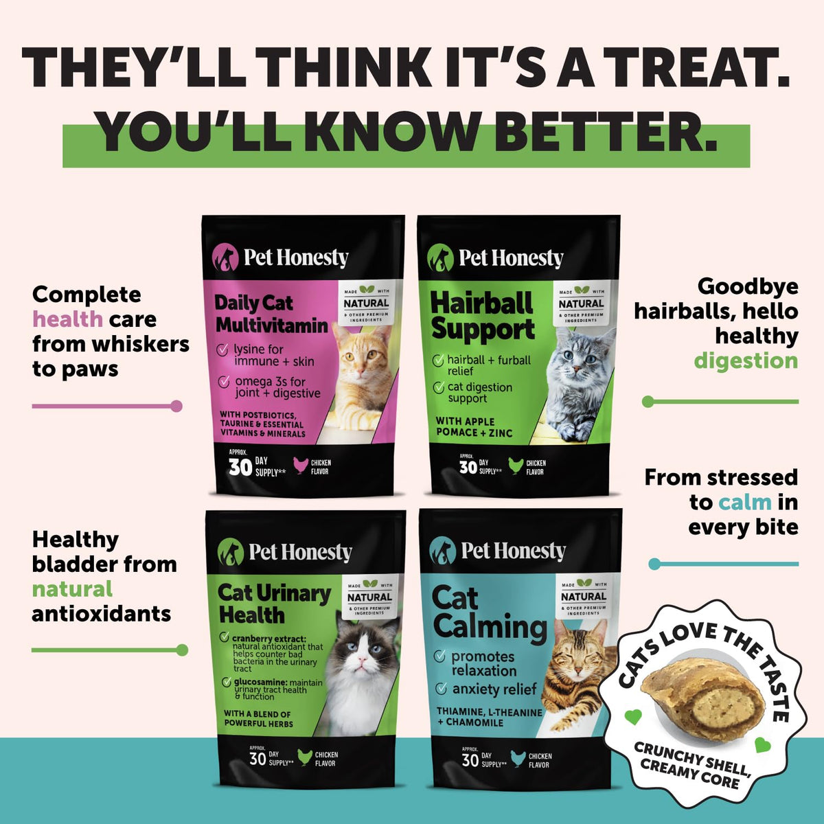 Cat Hairball Remedy Treats - Dual Texture Crunchy Creamy Hairball Treatment for Cats, Furball Relief Control Supplement with Fiber, Fish Oil for Indoor Cats Skin Coat Digestion (90-Day Supply)