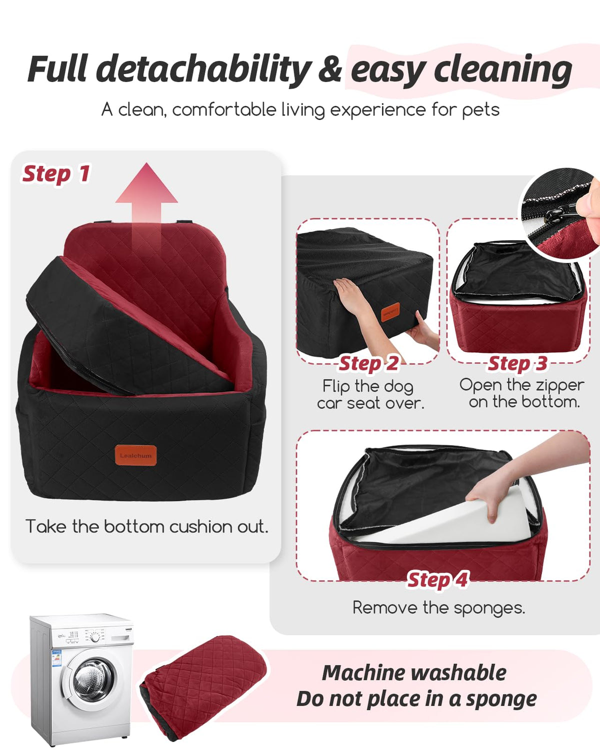 Lealchum Dog Booster Car Seat for S/M Dogs Up to 35lbs,Soft 6in Elevated Cushion,Fits in Front/Back Seat,Fully Detachable and Washable,2 Storage Pockets & 3 Straps,Easy to Install (Black/Brown,Medium)