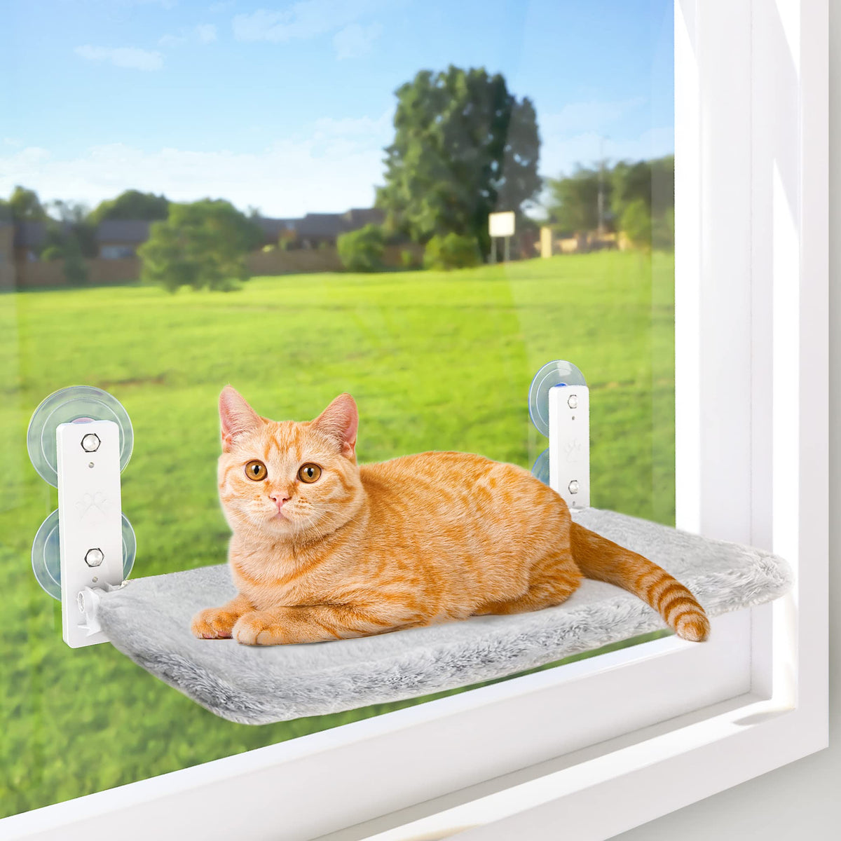 AMOSIJOY Cordless Cat Window Perch with Cushion Bed Metal Frame, L Gray
