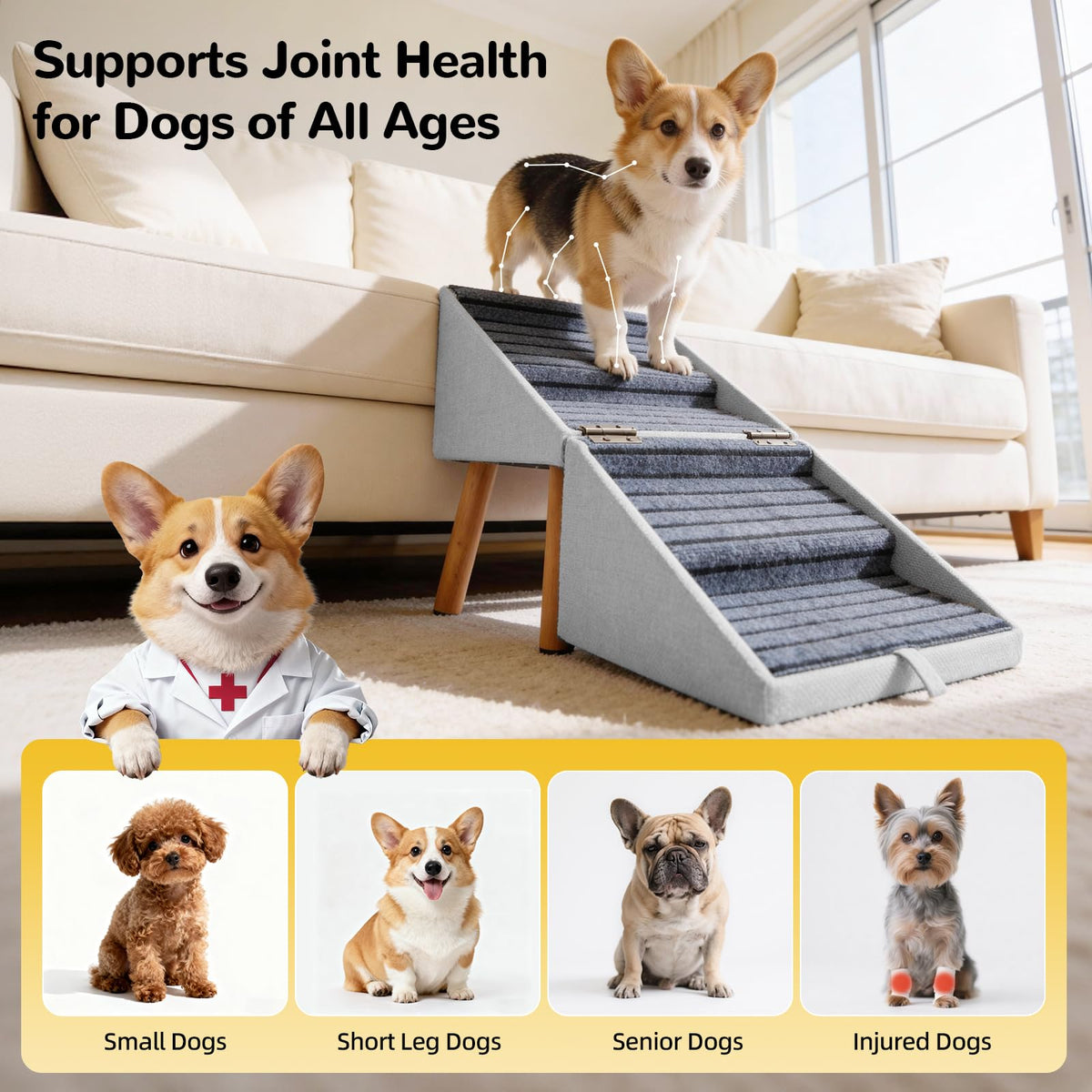 Dog Stairs for Small Dogs Faux Leather Foldable Pet Ramp and Ottoman